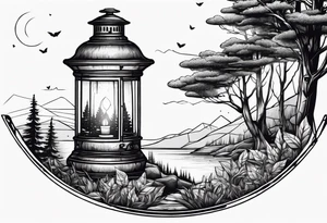 vintage lantern with a forest inside tattoo idea