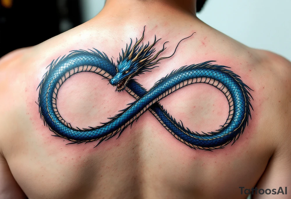 The design features a dragon, coiled in the shape of the infinity symbol (sideways number "8"). The dragon is depicted eating its own tail, symbolizing eternity and continuity, inspired by the Ouroboros.

Details:

The dragon's body has vibrant, glossy blue scales, with a smooth and polished texture.
It maintains a clean, balanced shape in the infinity figure, with sharp details and elegant flow.
Style:

The focus remains on the dragon's form, with no additional background elements to keep the design minimal and modern. tattoo idea
