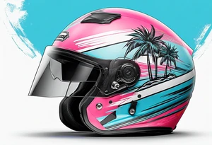 Formula 1 helment with a palm tree and black pink and light blue color tattoo idea