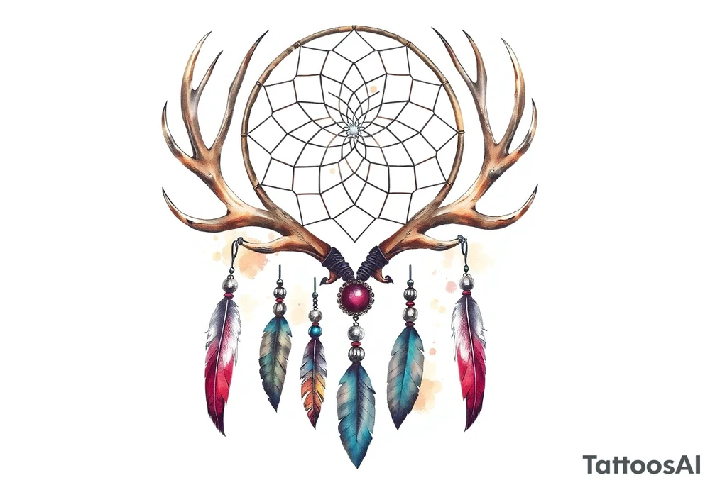 Dreamcatcher made from deer antlers with feathers and beads hanging off it tattoo idea