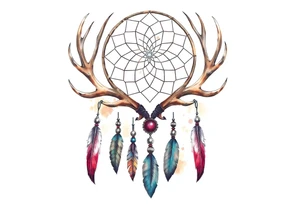 Dreamcatcher made from deer antlers with feathers and beads hanging off it tattoo idea