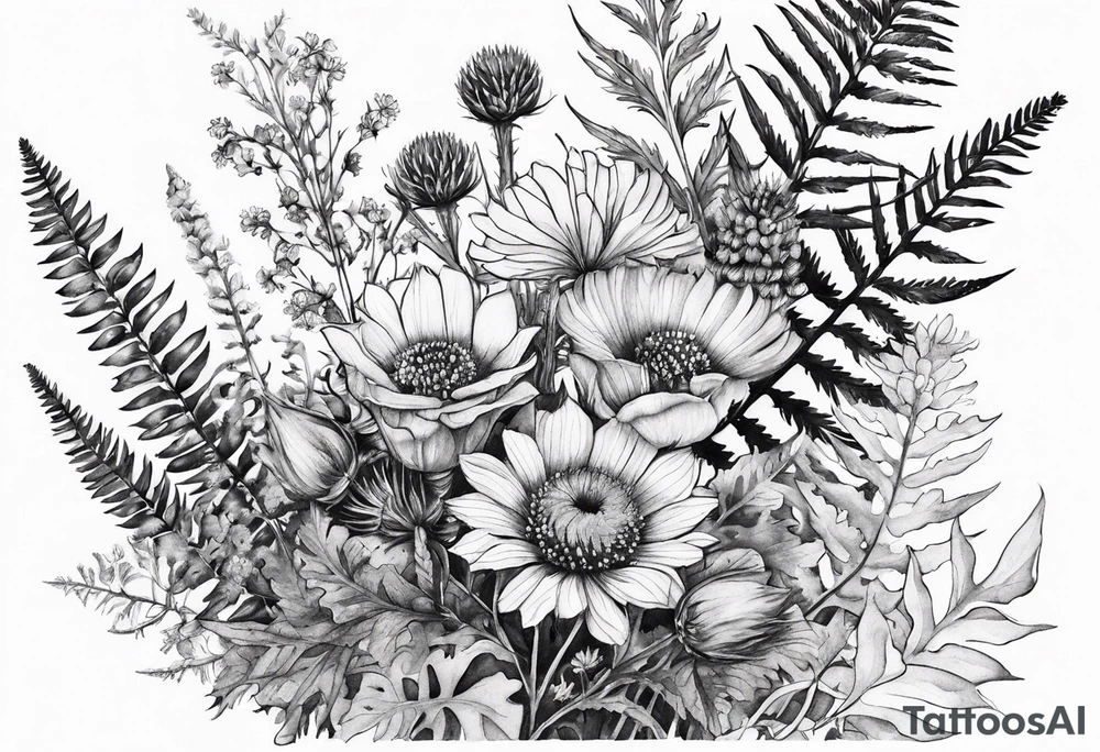 small vertical mixed wildflower bouquet with ferns, thistle and with watercolor tattoo idea