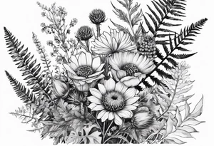 small vertical mixed wildflower bouquet with ferns, thistle and with watercolor tattoo idea