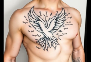 White dove of fire with the names of God and the Characteristics of the Holy Spirit tattoo idea
