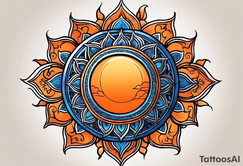 I'd like a tattoo of an orange sun with a blue om symbol superimposed on it. The sun should be behind the ohm symbol. tattoo idea