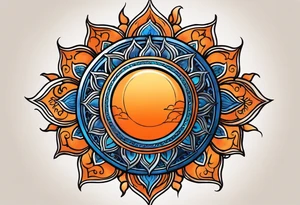 I'd like a tattoo of an orange sun with a blue om symbol superimposed on it. The sun should be behind the ohm symbol. tattoo idea