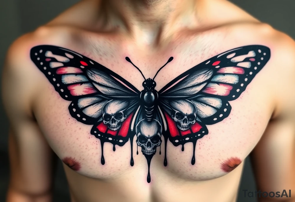 powerful majestic and dark monarch butterfly with skull detail in the wings
hidden skulls in wings, skull detail making the body of the butterfly with a horror style dripping effect, including blue, red and white colouring
placement on chest
combine the favorites tattoo idea