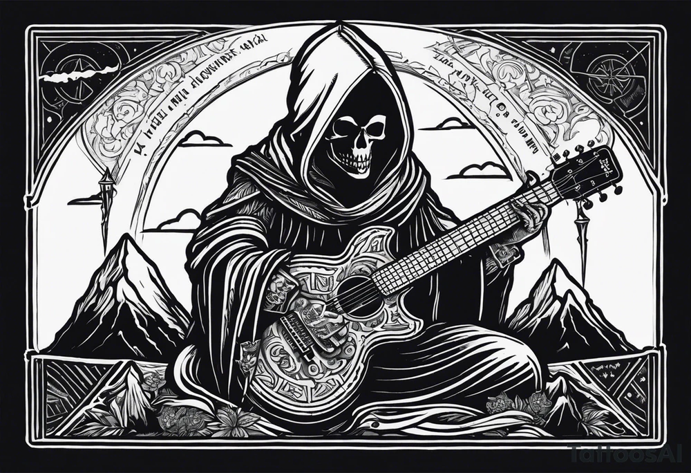 A tarot card showing a hooded skeleton playing a v shaped guitar on top of a mountain made of amps,  the text says "XXII The Bard", lightnings in the background tattoo idea