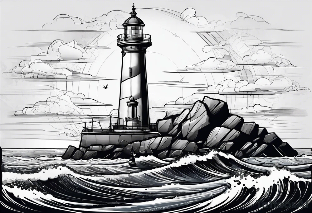 maritime lighthouse partially hidden by its  large fixed sails. tattoo idea