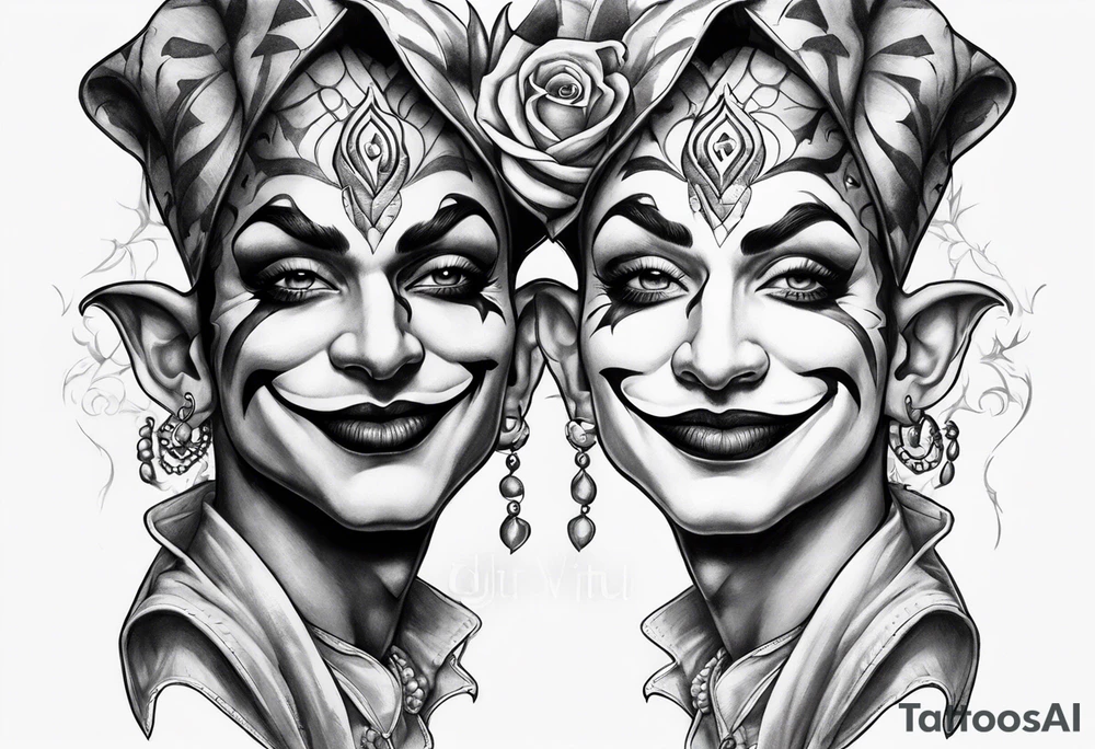 Happy and sad two face jester tattoo idea
