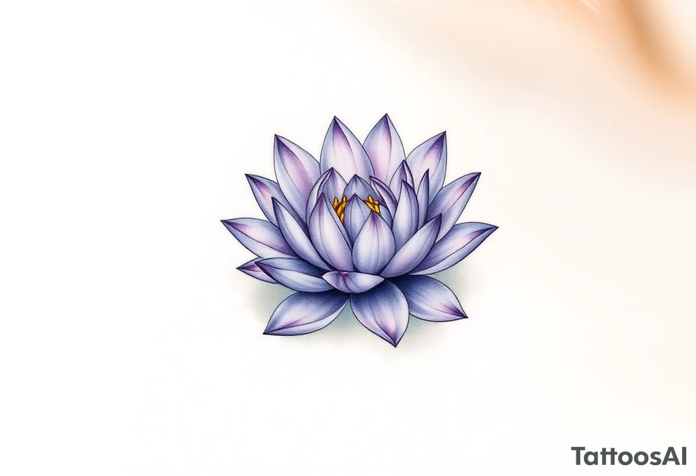 A delicate water lily with lavender-colored petals, surrounded by ethereal gold accents and floating gracefully in a misty, light-gray water, representing spiritual connection tattoo idea