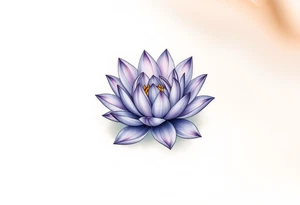 A delicate water lily with lavender-colored petals, surrounded by ethereal gold accents and floating gracefully in a misty, light-gray water, representing spiritual connection tattoo idea
