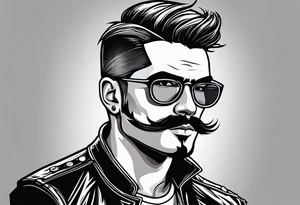 Attractive Male, oval face, 
Short mustache, tools, ray-bans, no hair on sides but pony-tail on top, biker tattoo idea