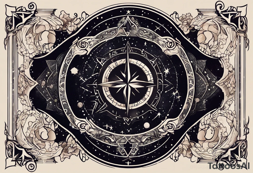 Matter, energy, space and time with an old stone theta symbol with stars in the background and Scorpio constellation tattoo idea