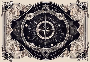 Matter, energy, space and time with an old stone theta symbol with stars in the background and Scorpio constellation tattoo idea