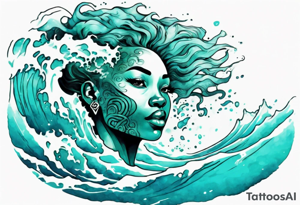 a beautiful turquoise african face emerging from an ocean wave, crashing onto the shore tattoo idea