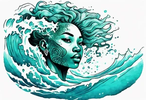 a beautiful turquoise african face emerging from an ocean wave, crashing onto the shore tattoo idea
