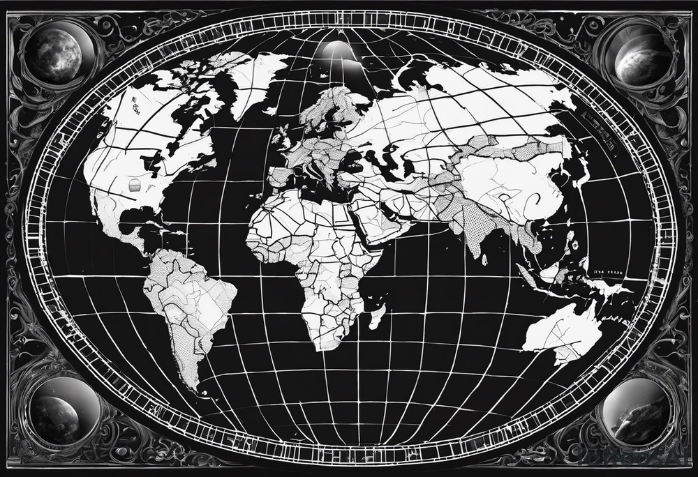 the earth on a flat map with light fading shading placed on a grid with only the lines with accurate depictions of the borders in countries while having it in an oval/circular position on a grid without any borders on the sides tattoo idea