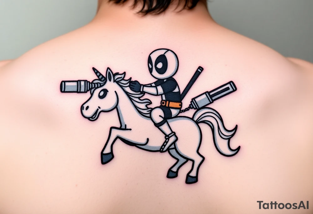 Deadpool riding cartoon unicorn holding rocket propelled grenade launcher tattoo idea