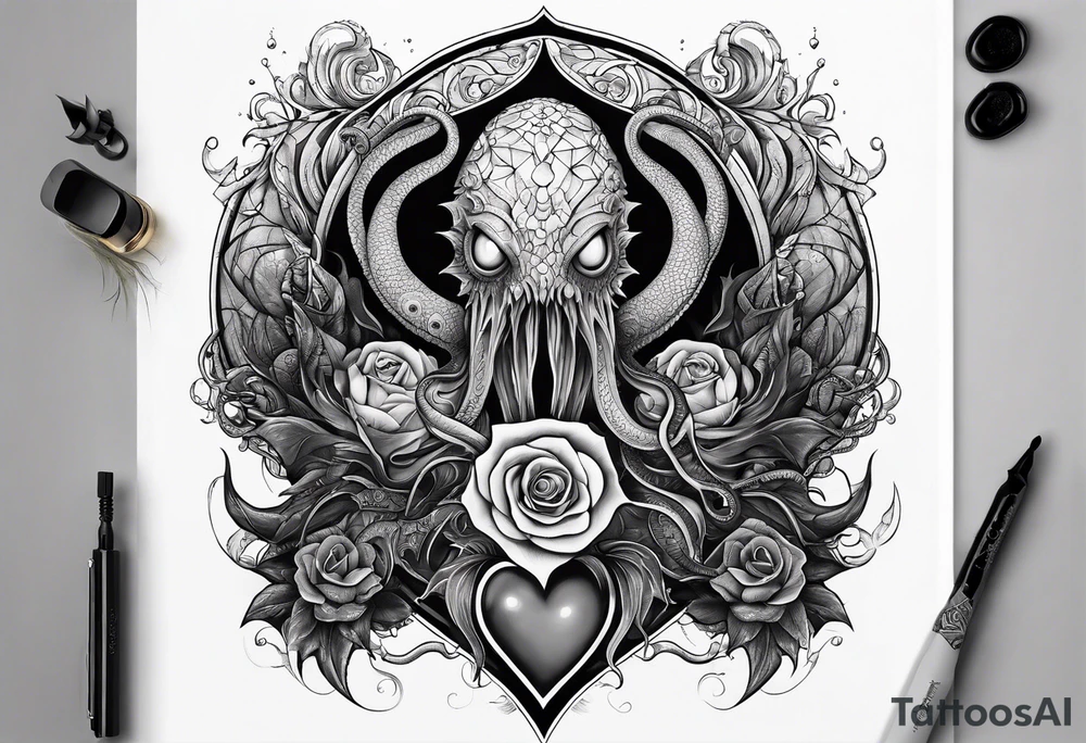 Vertical full sleeve. Lovecraftian creature, protecting a heart. tattoo idea Vertical full sleeve. Lovecraftian creature, protecting a heart. tattoo idea