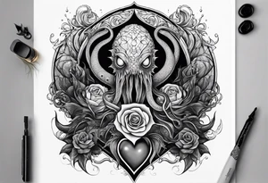 Vertical full sleeve. Lovecraftian creature, protecting a heart. tattoo idea