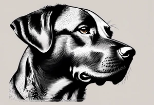 Generate a simple tattoo of a sitting Labrador Retriever, focusing on its friendly face and expressive eyes in a minimalist style tattoo idea