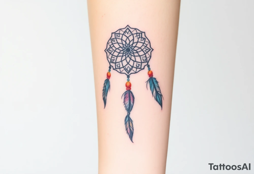 native dreamcatcher with flowing feathers and sacred beads tattoo idea