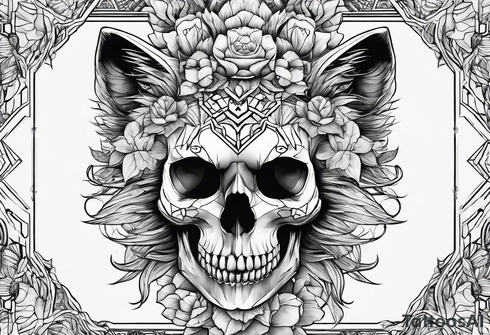 nature element with cat and skull tattoo idea