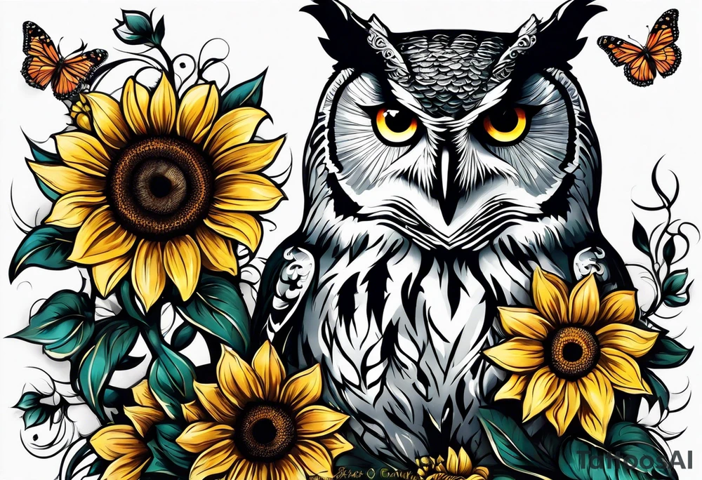 Arm sleeve with an owl and butterfly surrounded by sunflowers tattoo idea