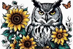 Arm sleeve with an owl and butterfly surrounded by sunflowers tattoo idea