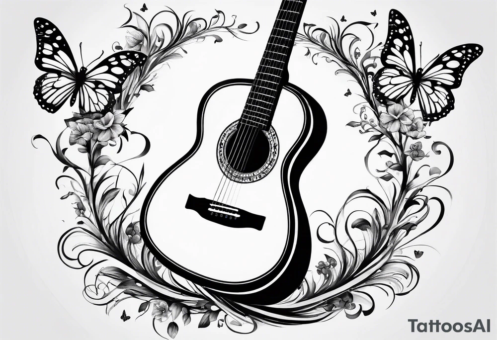 Guitar in shape of treble clef with flowers growing off the side, butterflies, small tattoo idea