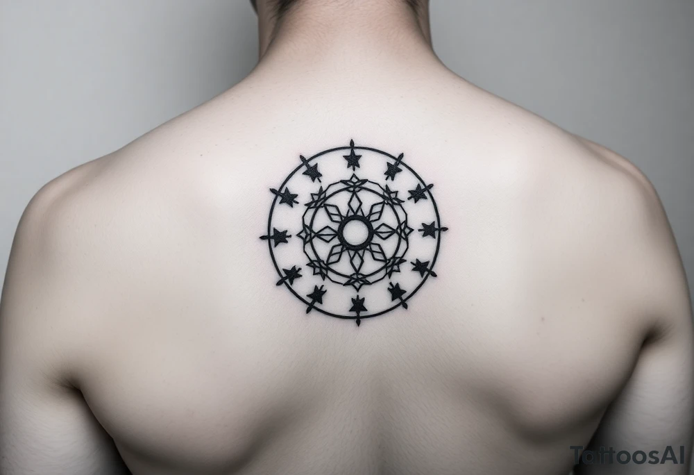 Simple Enso circle between shoulder blades

Stars for family (mum, dad, Dan, anders, Sofie, Ida, vibe, Laura, sue, Nick)

Other symbol for friends (Gul, Caspar, therese, Aimee, Tao, piers, Miranda, Caroline, Liv, Helen, Caroline, Nicky, Dave, Sarah)

Subtle only 7cm in diameter tattoo idea