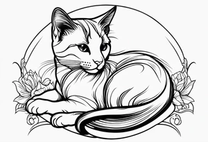 Design a simple outline tattoo of a cat stretching, embodying grace and flexibility, perfect for a subtle yet expressive design tattoo idea