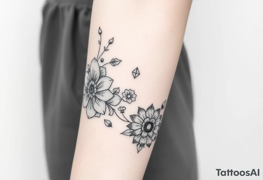 floral composition with japanese vibe, mutiple ornemental patern and leaf, dot geometric ornement tattoo idea