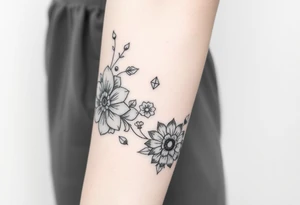 floral composition with japanese vibe, mutiple ornemental patern and leaf, dot geometric ornement tattoo idea