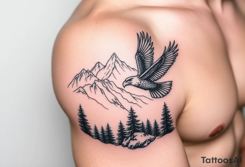 Mountain View with large trees and an eagle flying tattoo idea