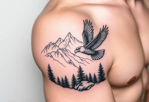 Mountain View with large trees and an eagle flying tattoo idea