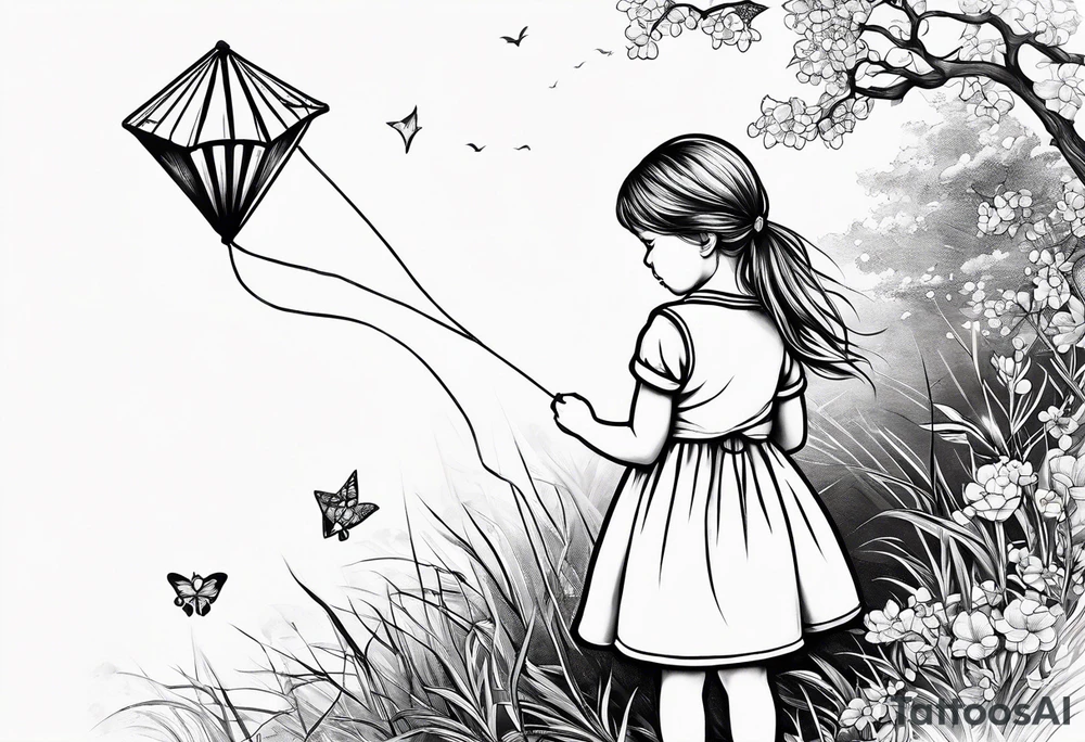 the back of a little girl in a dress, flying a kite tattoo idea