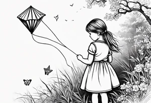 the back of a little girl in a dress, flying a kite tattoo idea