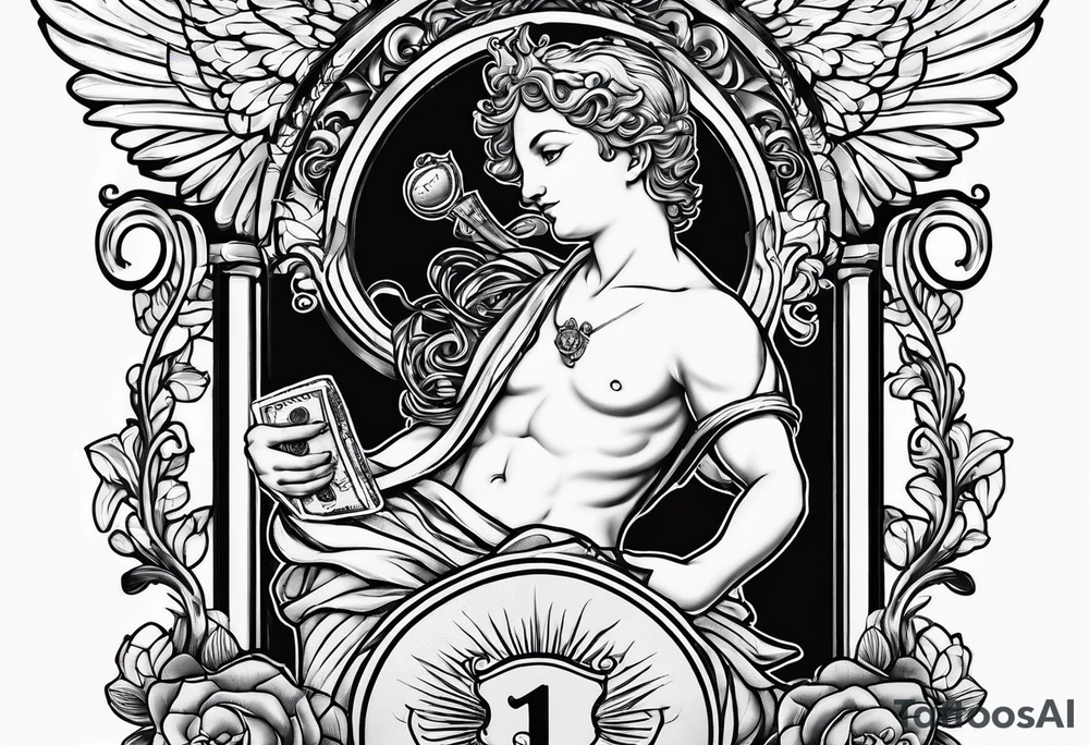 cherub outline holding a bag of money tattoo idea