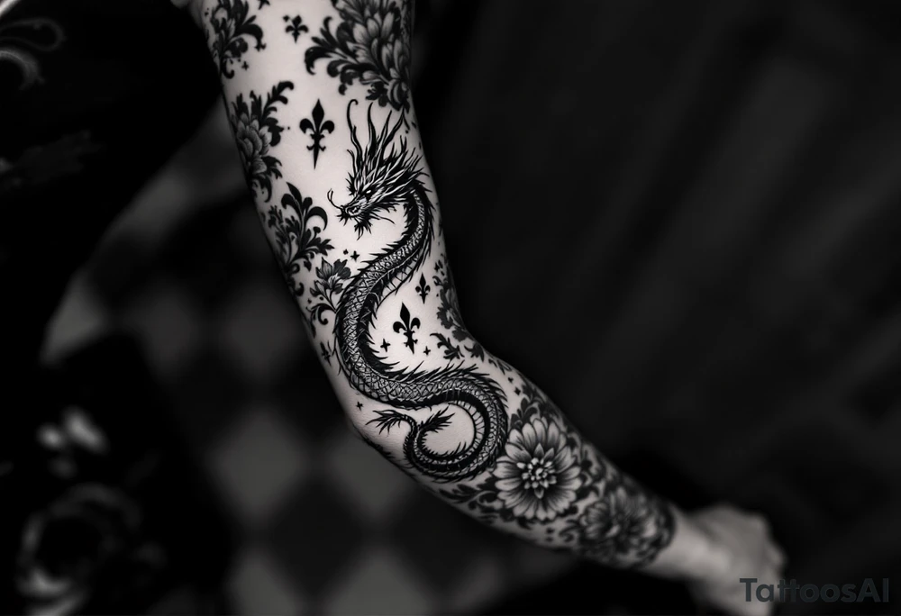 un dragon central entouré de fleurs de lys tattoo idea