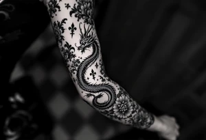 un dragon central entouré de fleurs de lys tattoo idea