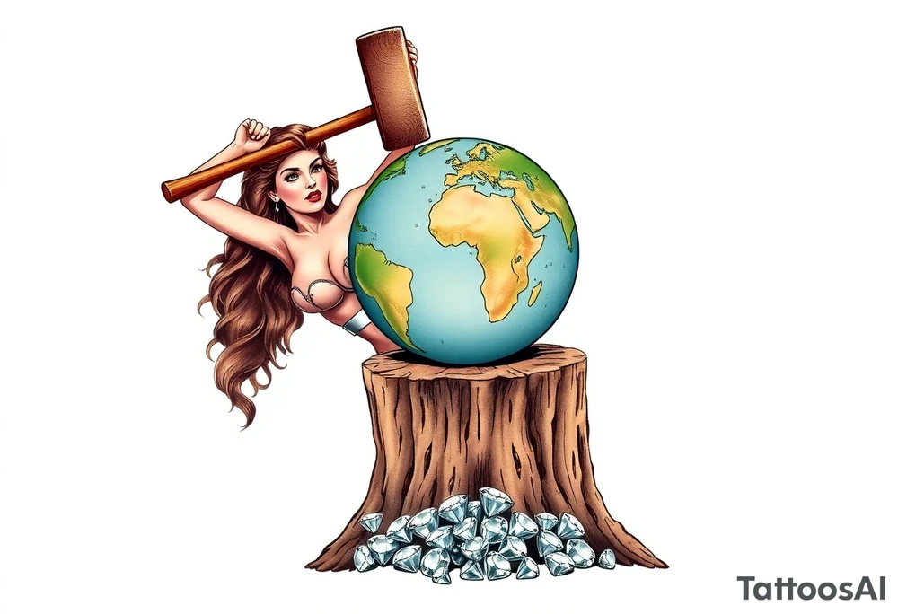 a very beautiful pin up girl, the pin up girl has her breasts nude with nipples exposed and in view, the pin up girl is wearing a g string, the pin up girl is swinging a large mallet overhead, the motion of swinging resembles an ax chopping wood, the mallet she is swinging is making contact with a earth globe, the earth globe is on top of a tree stump, the earth globe is half of the size of the diameter of the top surface of the tree stump, the earth globe is being squashed and compressed between the mallet and the trees stump, there is a pile of diamonds at the base of the tree stump, the idea is that the mallet is compressing the earth globe and the product is the diamonds that have fallen below, the idea is that the pin up girl if very beautiful, the idea is that pressure makes diamonds tattoo idea
