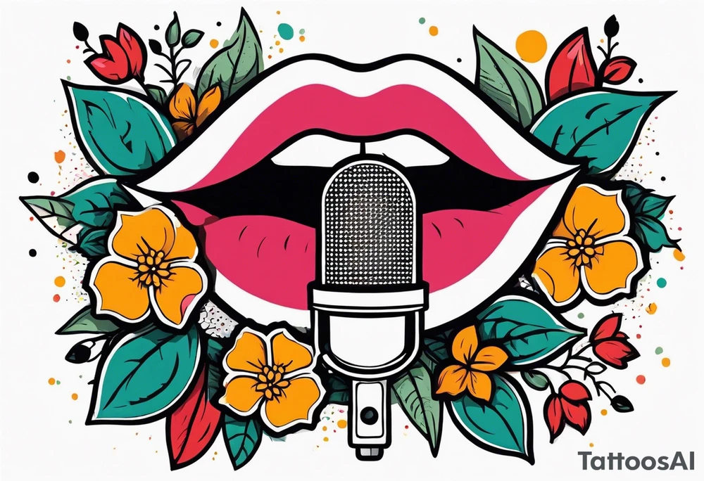 lips singing old school vintage traditional
flowers around and mouth next to microphone
bold and colorful simple design dots and simple flowers sketch tattoo idea