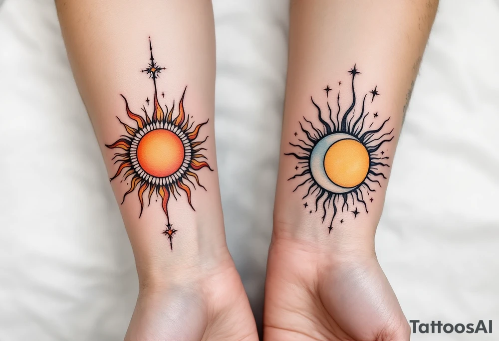 Two matching couple tattoos sun and moon tattoos, the first sun in warm gold and orange on the forearm, the second moon in silver and pale blue on the wrist. tattoo idea
