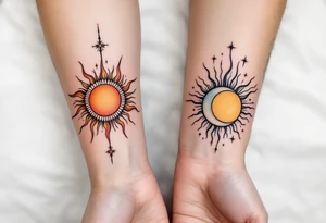 Two matching couple tattoos sun and moon tattoos, the first sun in warm gold and orange on the forearm, the second moon in silver and pale blue on the wrist. tattoo idea