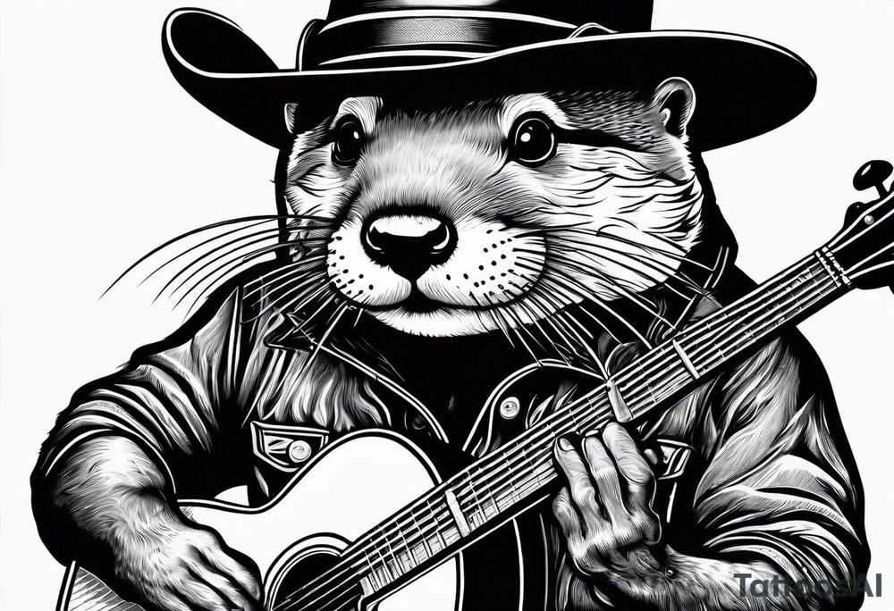 An otter floating on its back playing a banjo and wearing a cowboy hat tattoo idea