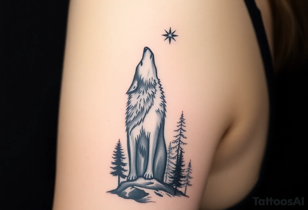 Lone wolf howling at the moon in the forest in the night Columba star tattoo idea