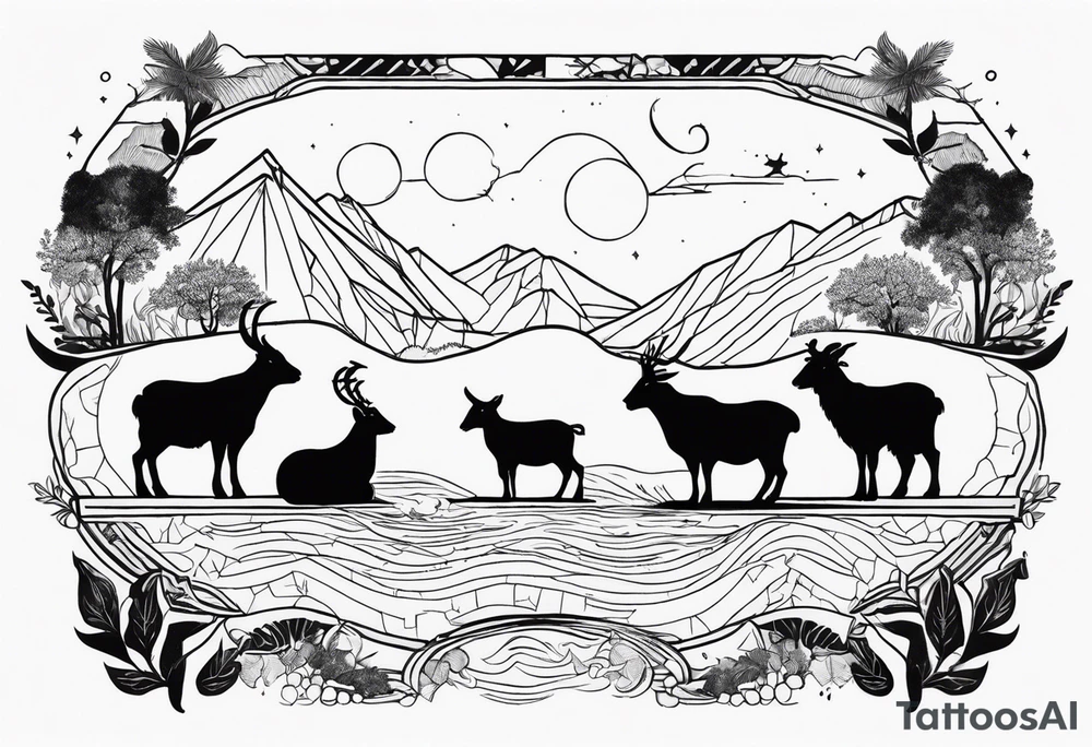 A badger, a goat and a reindeer on an ark inside the outlines of Map of Mallorca tattoo idea