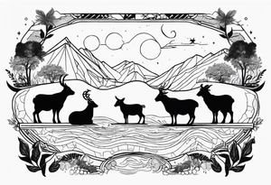 A badger, a goat and a reindeer on an ark inside the outlines of Map of Mallorca tattoo idea